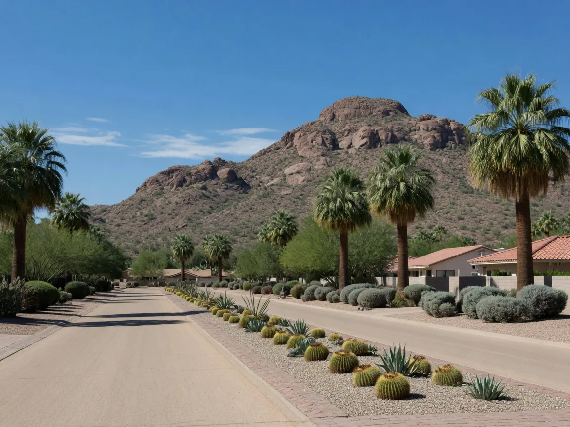Camelback Mountain rising over a quiet Scottsdale residential street
