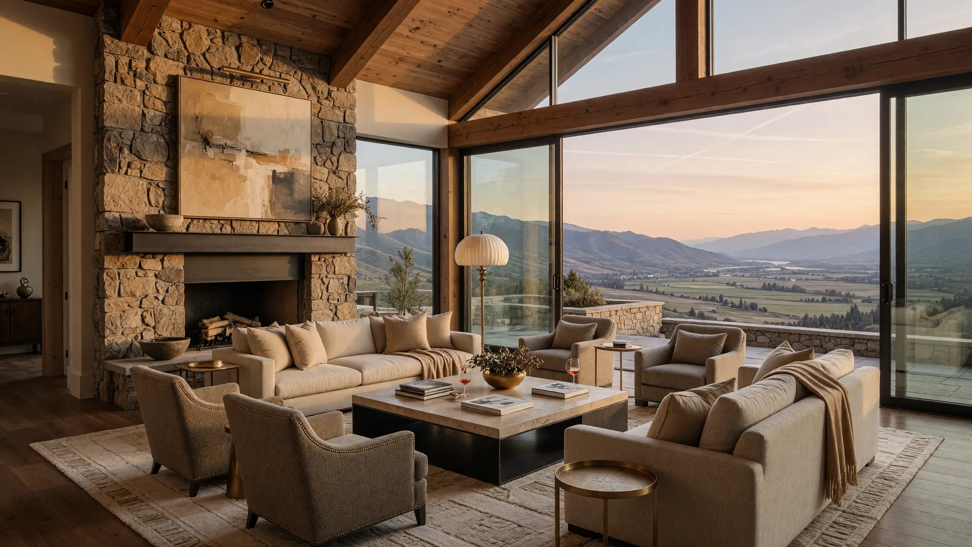 A luxury great room in a Boise or Eagle home with a valley view