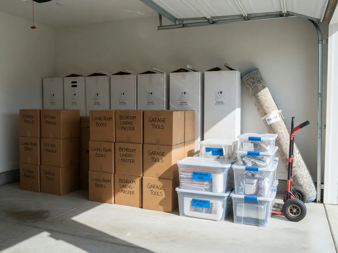 Moving boxes and labeled storage bins organized in a garage between a home sale and a home purchase