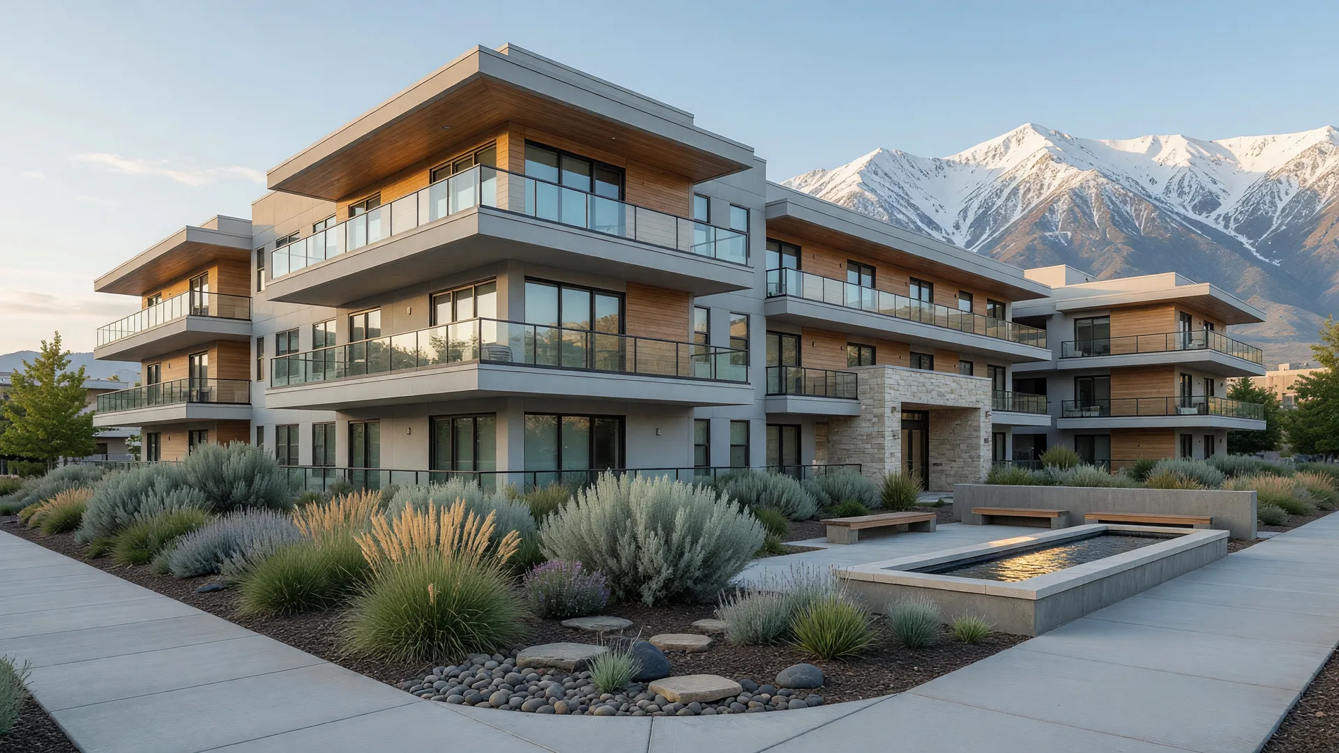 A modern Reno condominium building with balconies and desert landscaping, the Sierra Nevada on the horizon in morning light.