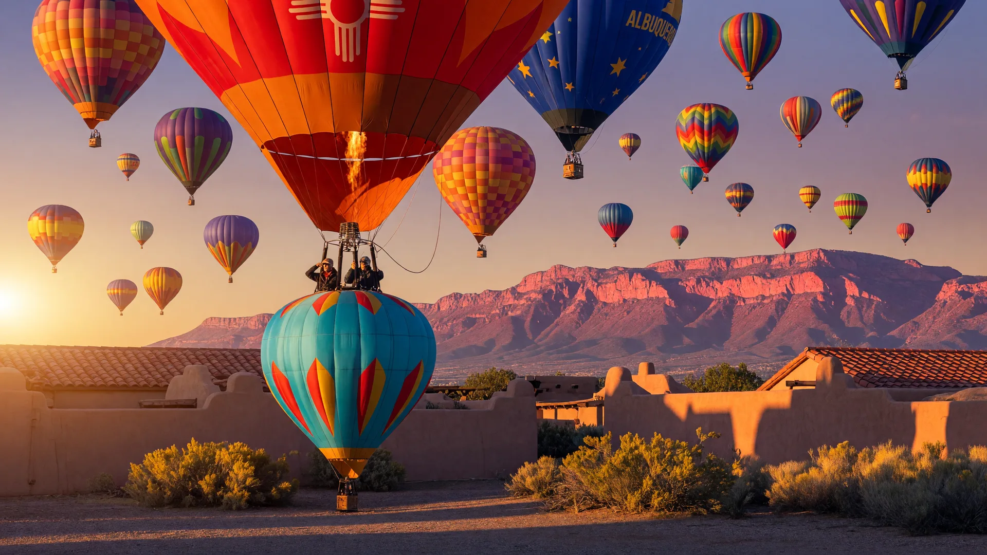 Hot air balloons rising over the Albuquerque desert at sunrise
