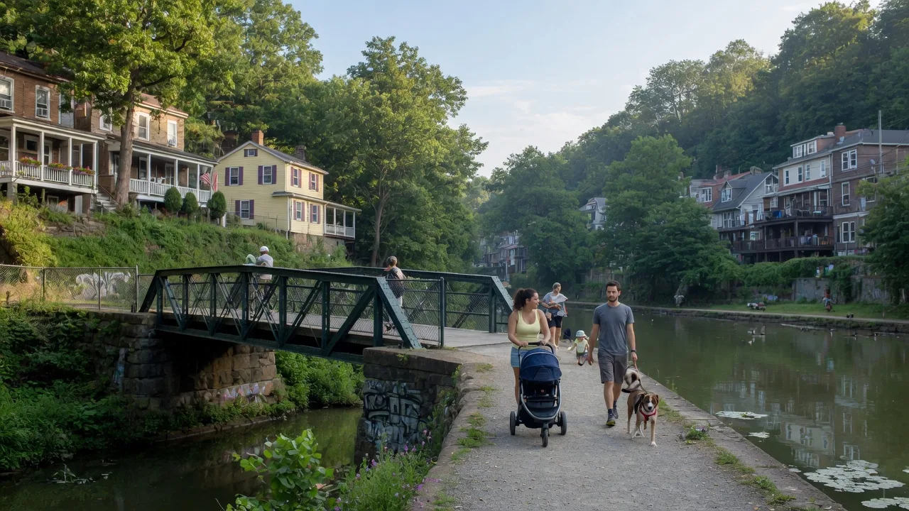 Family walking along the Manayunk Canal Towpath with Lock Street bridge and hillside homes
