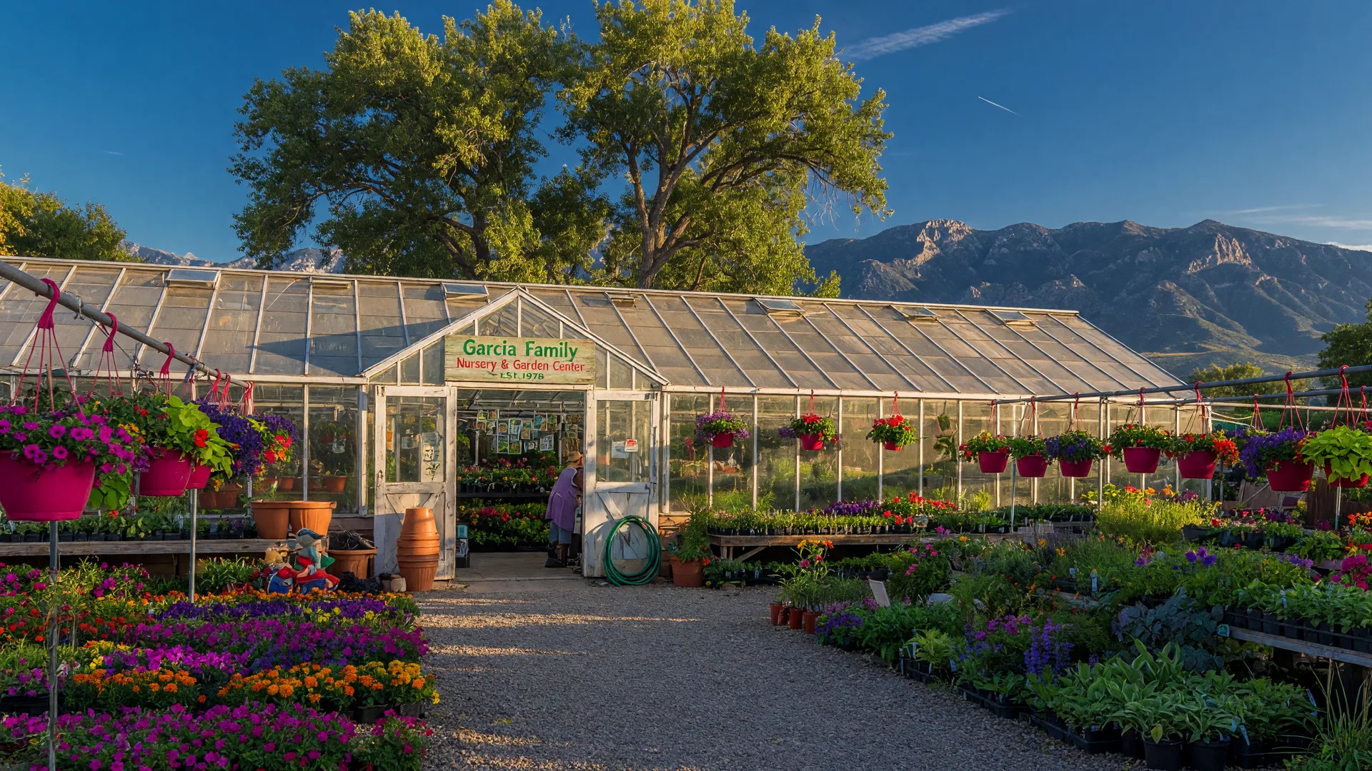 Rehm's Nursery garden center greenhouse on Lomas Boulevard in Albuquerque with rows of colorful flowers, hanging baskets, and the Sandia Mountains in the background