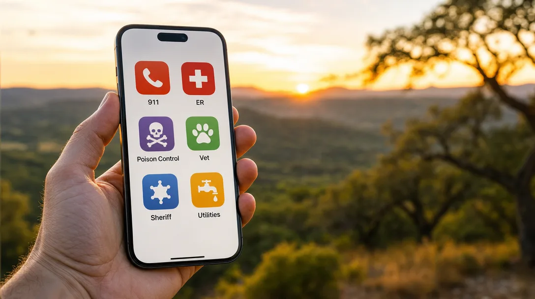 Hill Country landscape with emergency services directory content overlay for quick reference