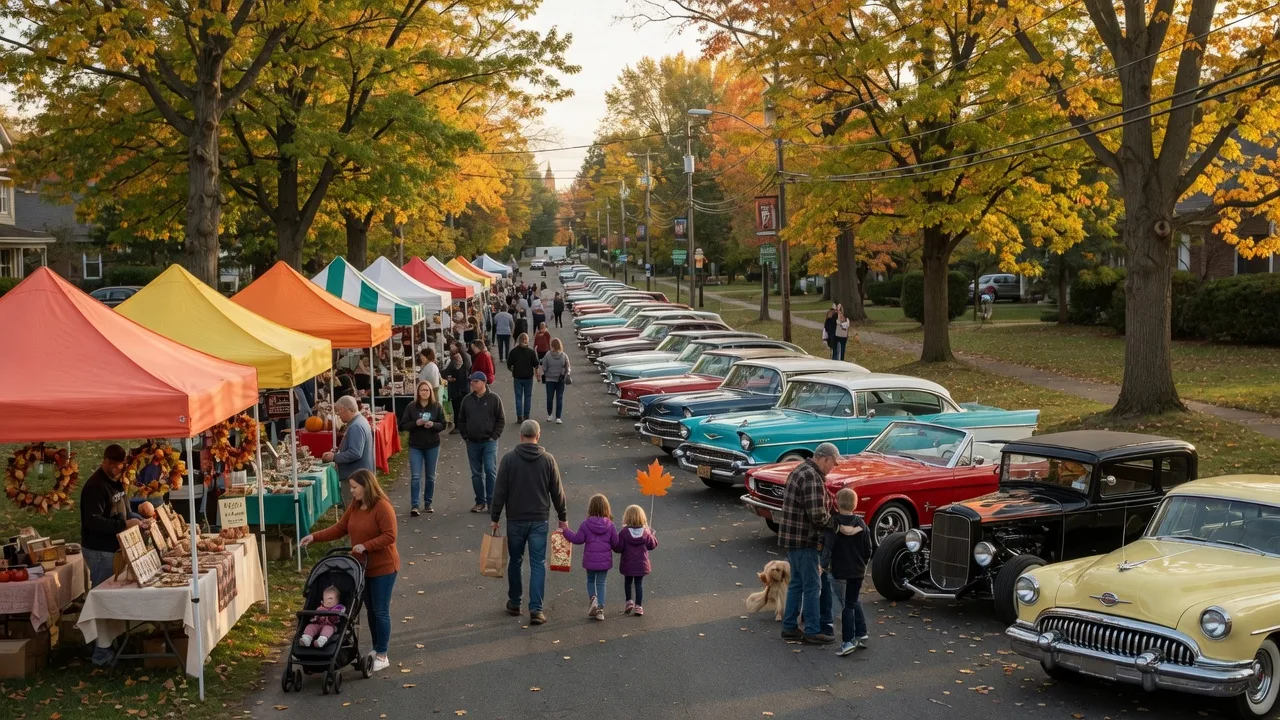 Classic cars lined up along tree-lined Easton Road during the Roslyn Fall Festival, vendor tents and families strolling in warm September light