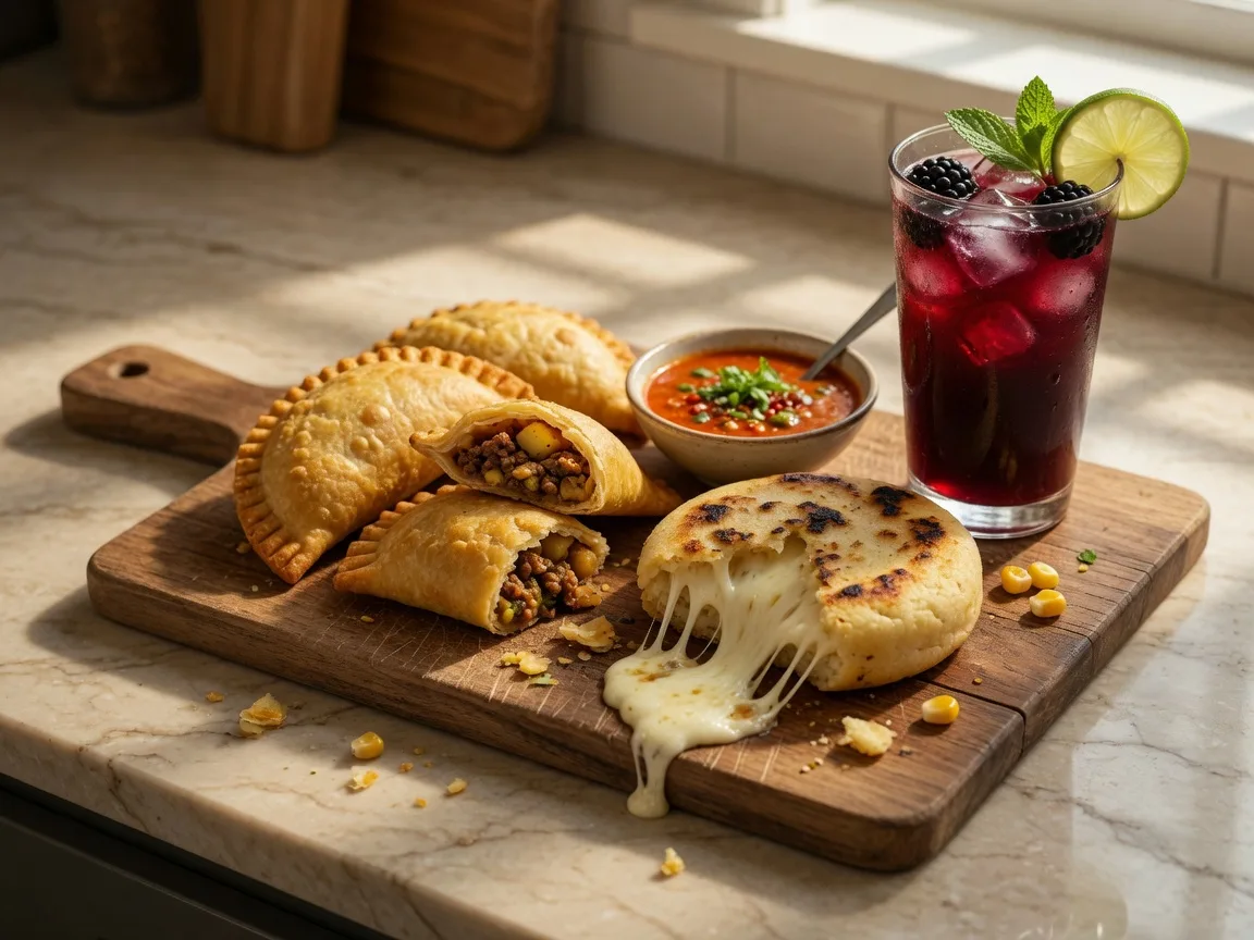 Golden Colombian empanadas and a stuffed cheese arepa with a blackberry natural juice at Boca2 in Buford Georgia