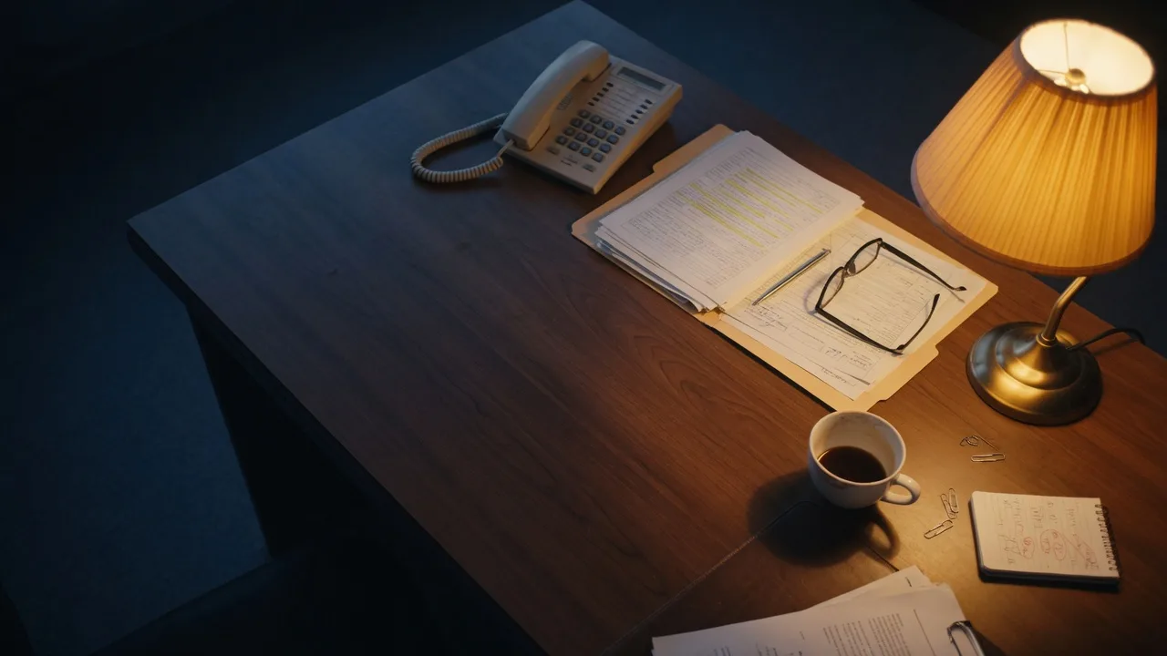 Business desk with telephone, documents, and coffee under warm lamp light