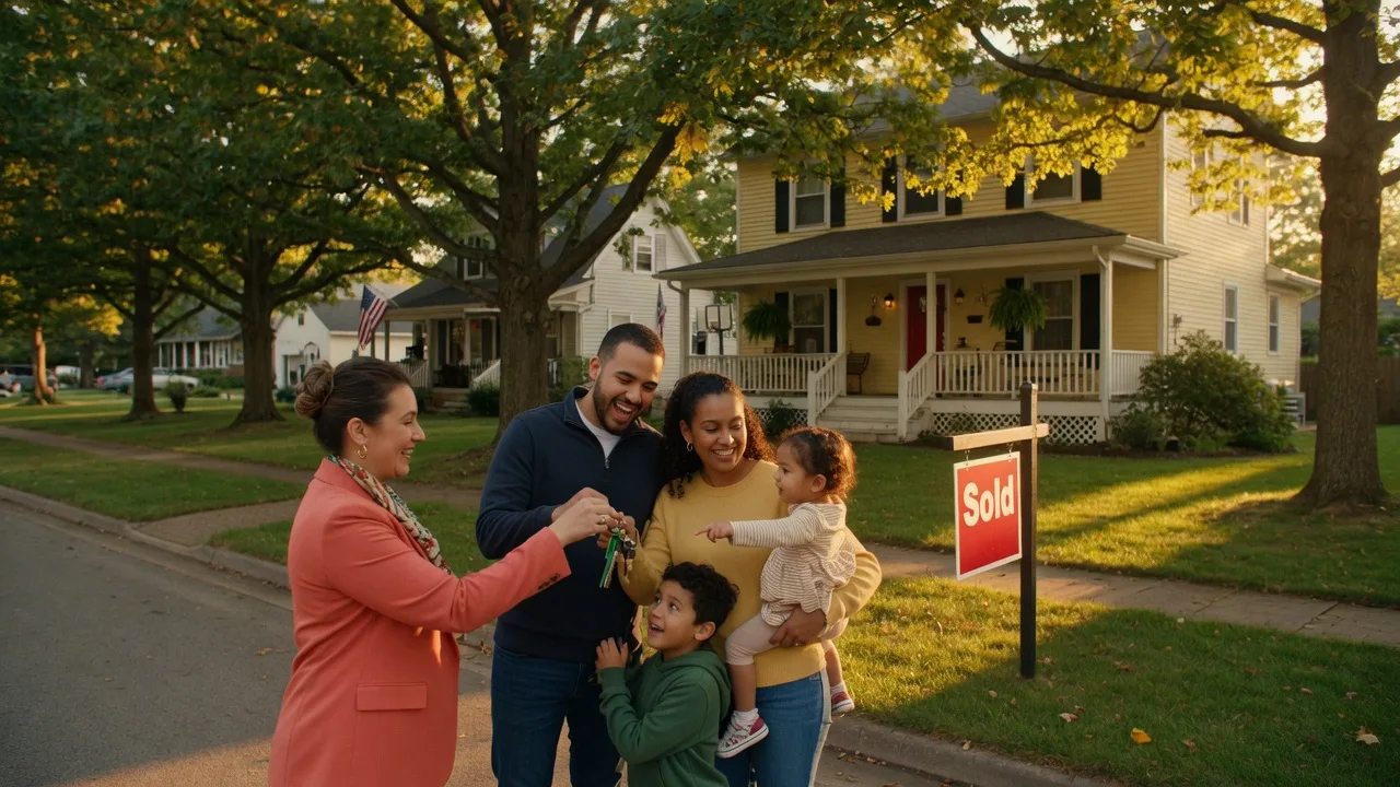 Warm golden-hour scene of a family receiving keys to their new home in front of a charming suburban Northwest Indiana home with a Sold sign in the yard