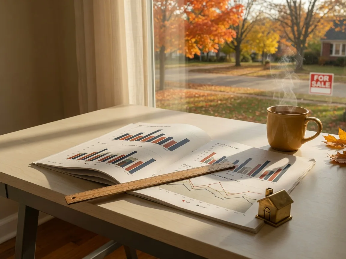 A desk in autumn light with an open market report showing sold listing charts, a wooden ruler, a mug of tea, and a brass house doorstop, with a tree-lined street beyond the window