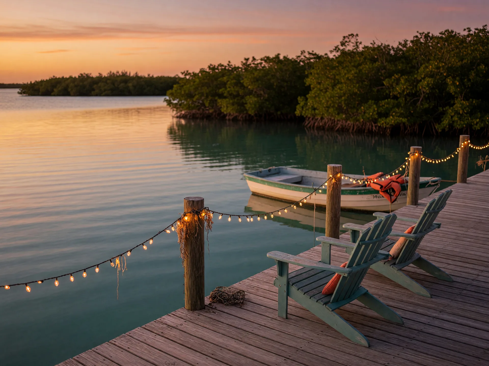 An empty wooden dock in the Florida Keys at sunset with two Adirondack chairs at the water's edge, softly glowing string lights, calm turquoise water and a low mangrove shoreline