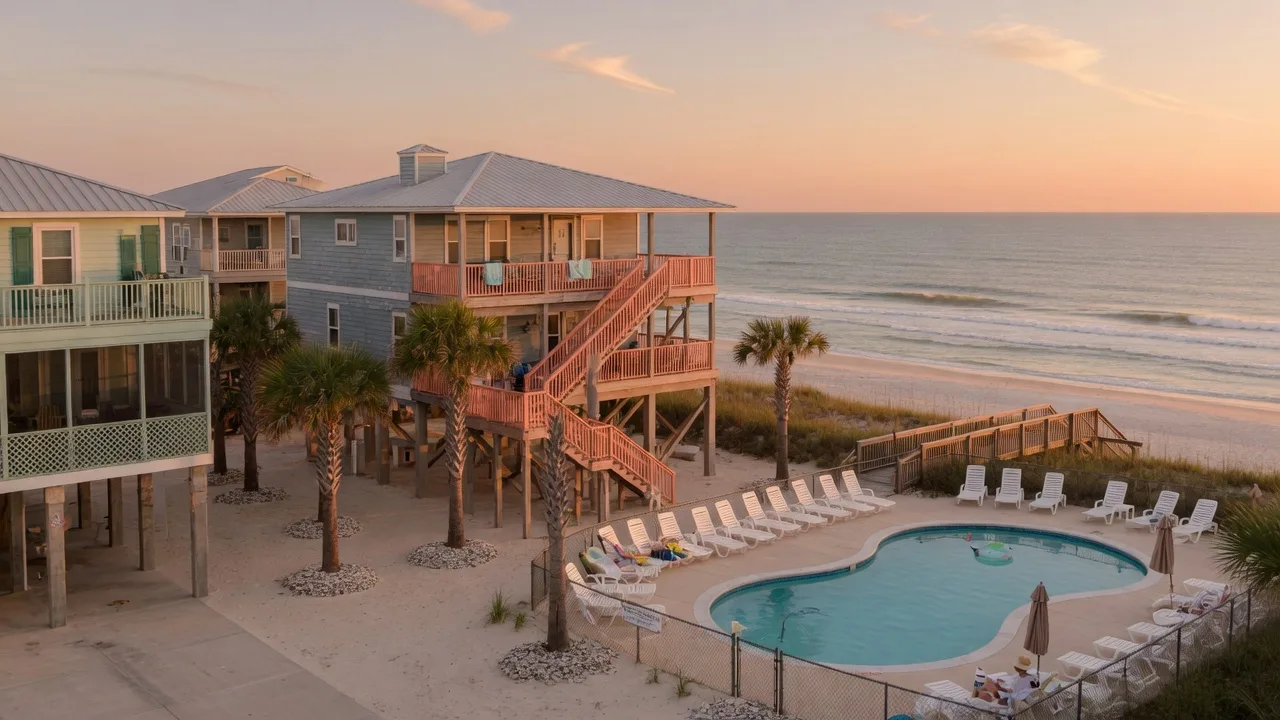 A quiet Gulf coast beach community with stilt houses and palm trees