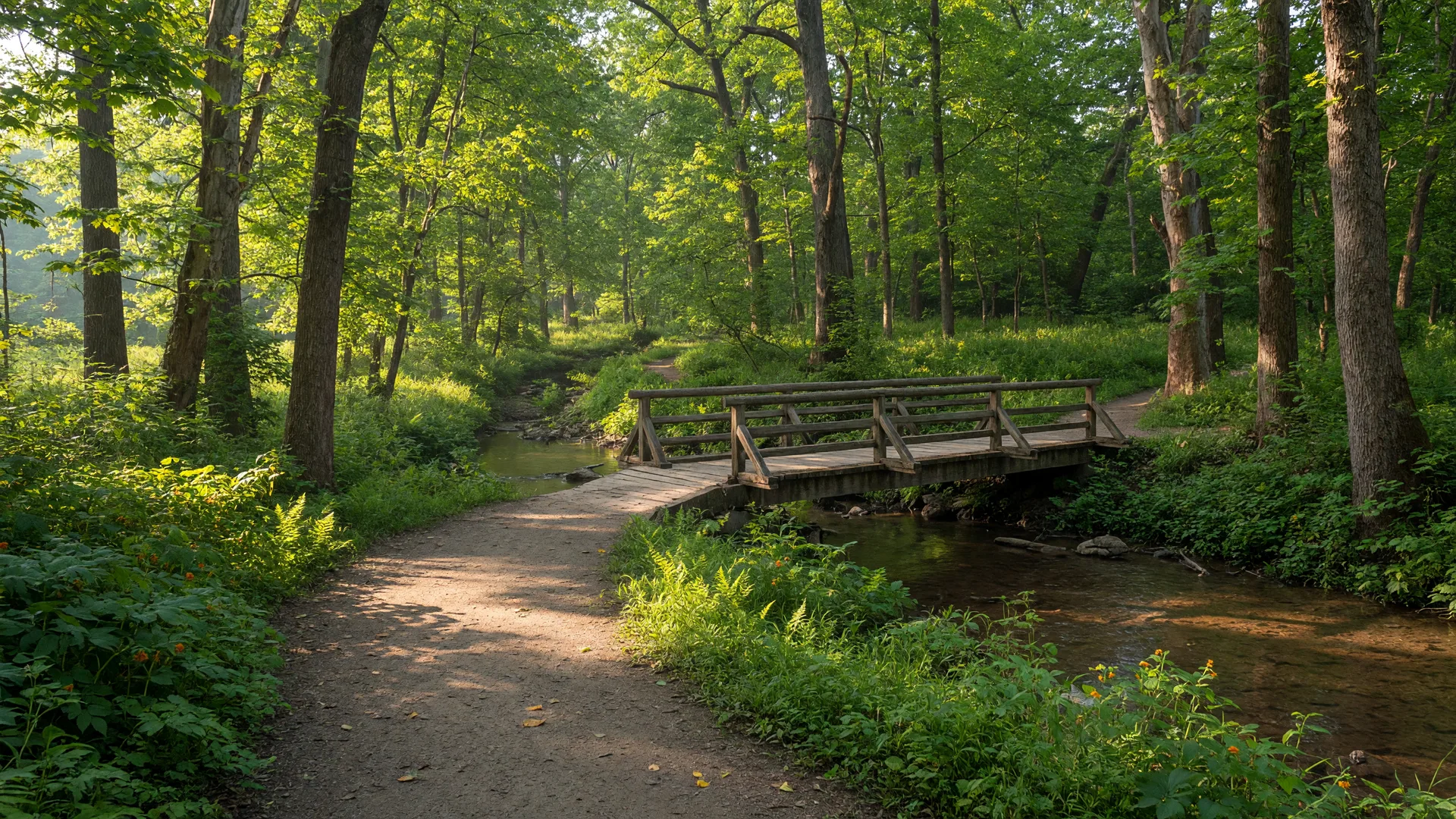 A wooded creek reservation trail with a wooden footbridge in the Cleveland Metroparks