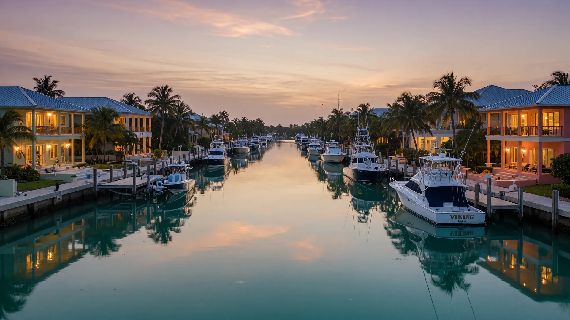 A deep-water canal in the Florida Keys at dusk seen from the water, a row of luxury elevated waterfront estates with standing-seam metal roofs and warm impact glass glowing amber along both banks, private concrete docks with boat lifts and sportfishing yachts, glassy turquoise water mirroring a champagne and lavender sky