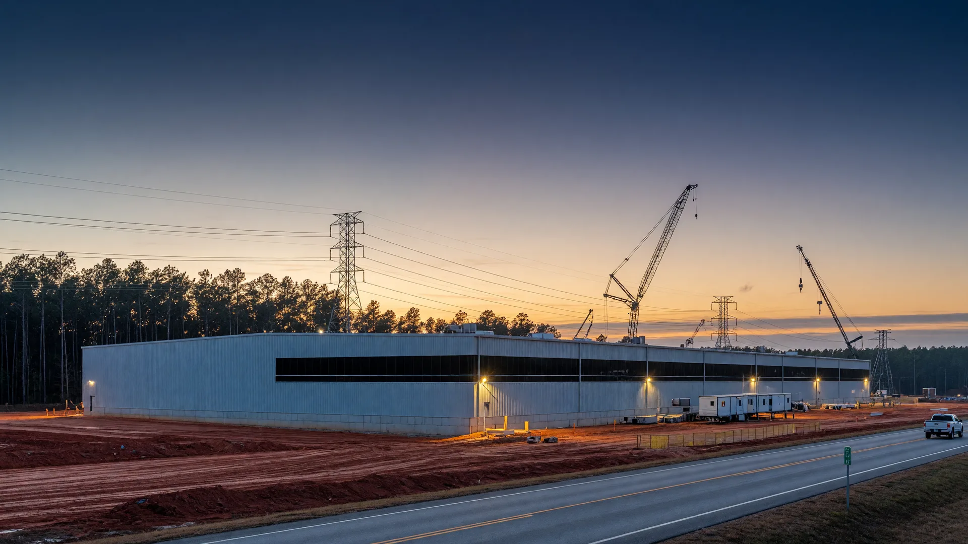 A modern electrical manufacturing plant rising on cleared land beside a two-lane highway in northeast Georgia at dawn