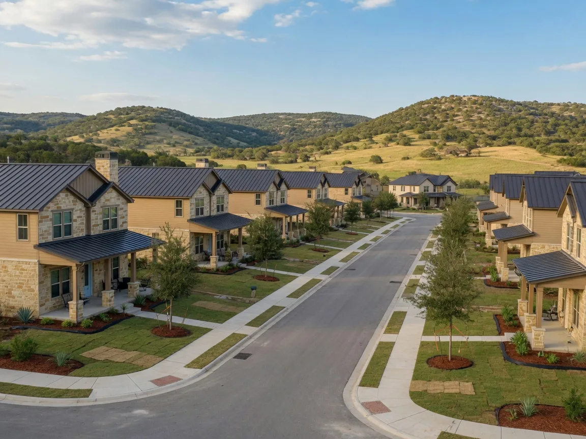 New Hill Country homes with stone and siding exteriors and metal roofs in a Dripping Springs community on a sunny afternoon