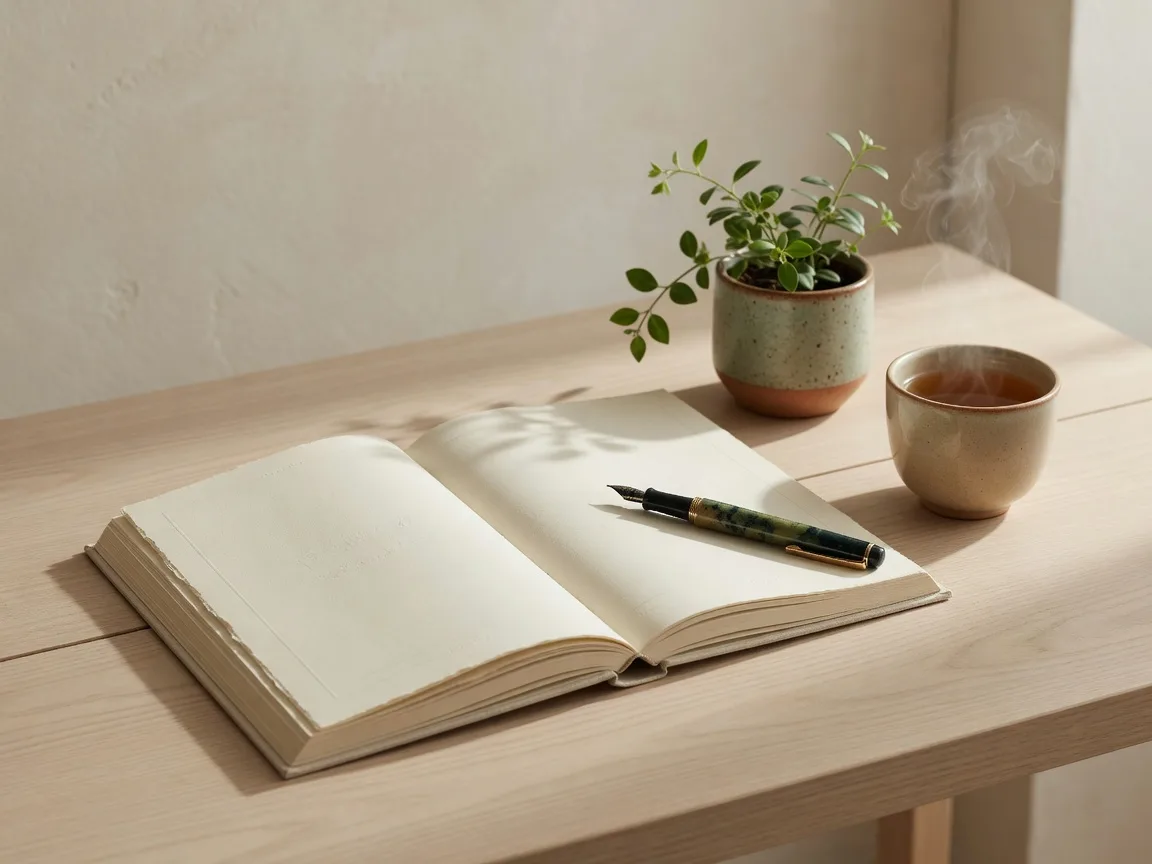An open journal and pen on a wooden desk beside a small potted plant and a cup of tea in soft window light