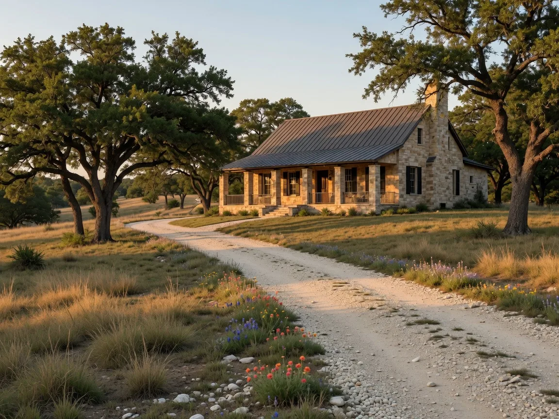 An established Texas Hill Country limestone home on acreage with a standing-seam metal roof and a gravel driveway lined with mature live oaks in warm evening light