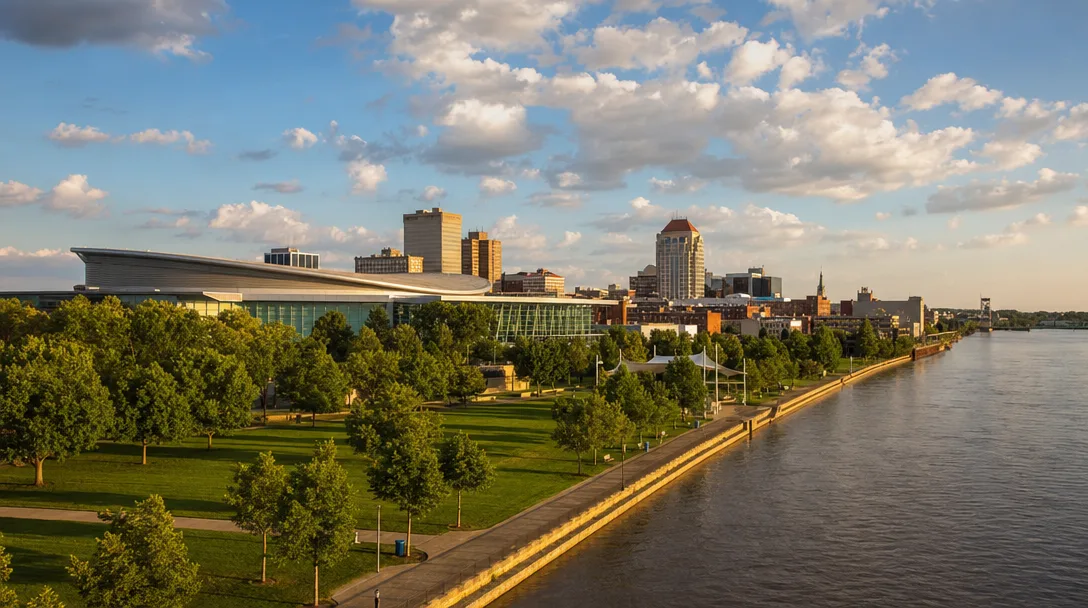 Evansville's downtown Ohio River waterfront with the riverfront park, Ford Center arena, and Victory Theatre in the background