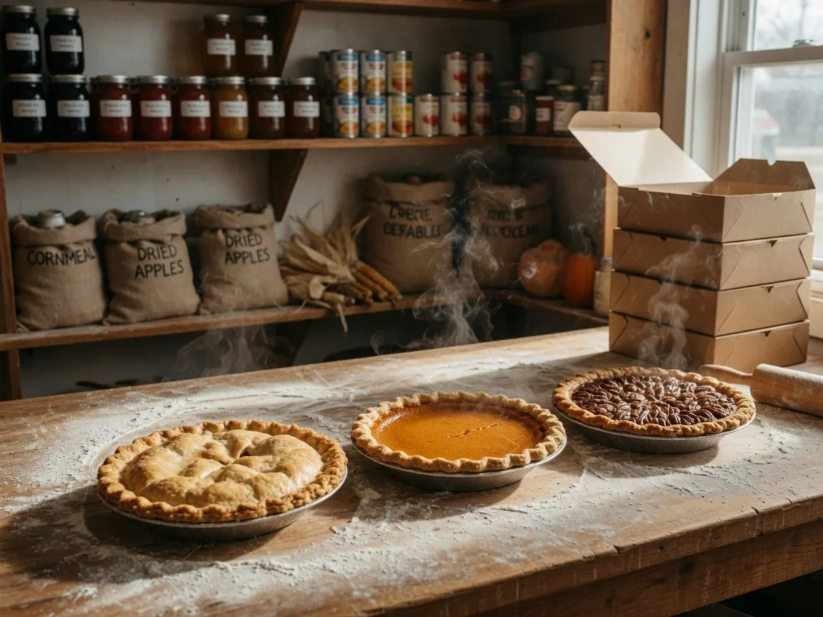 Rows of freshly baked apple, pumpkin, and pecan pies with crimped crusts cooling on a wooden counter beside kraft pie boxes at a farm market bakery