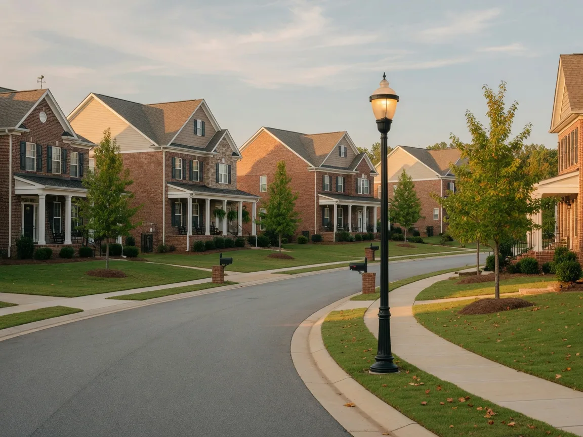 Quiet family neighborhood in a newer Forsyth County subdivision with brick and stone homes, green lawns, a sidewalk, and young shade trees