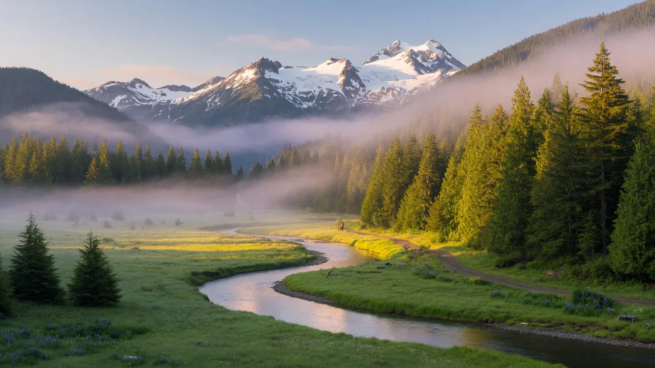 Pacific Northwest mountain valley at dawn