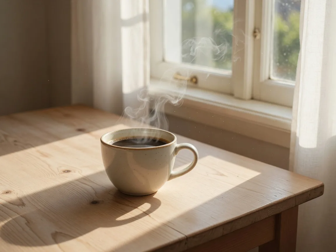 Steaming coffee cup on a light wooden table beside a bright window in morning light