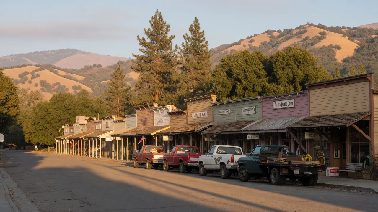 A quiet historic Sierra foothill town main street under morning light