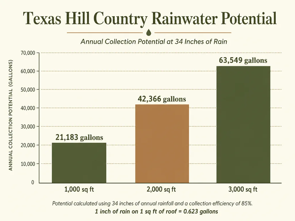 Bar chart comparing rainwater collection potential for different roof sizes in the Texas Hill Country at 34 inches annual rainfall