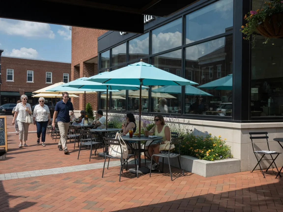 A walkable Maryland town center with brick storefronts and cafe tables