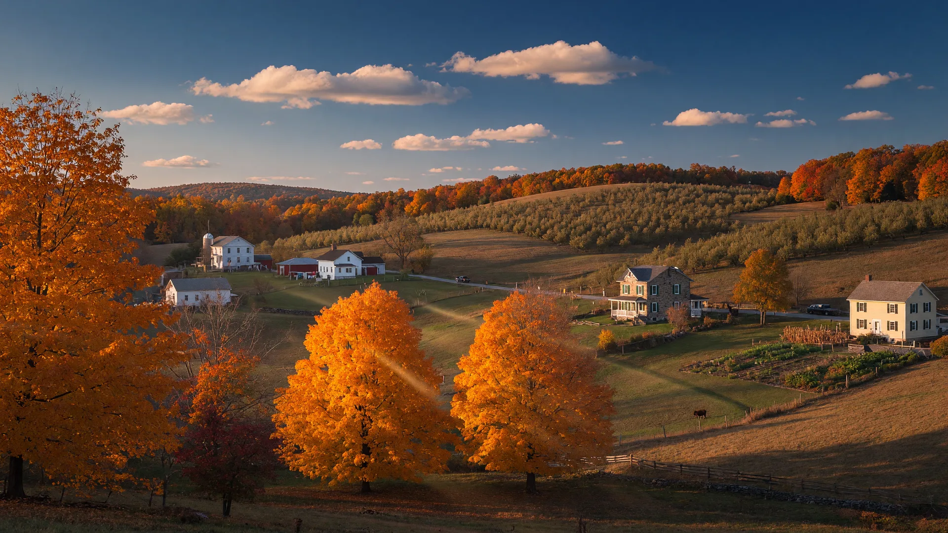 Autumn landscape of the Warwick Valley, New York with rolling hills and vibrant foliage