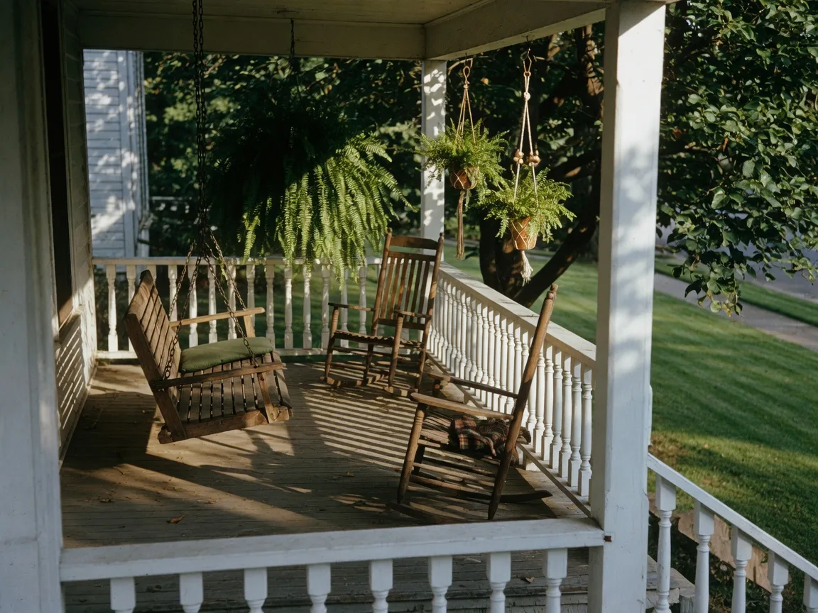 Classic American front porch with porch swing and rocking chairs, representing Virginia Beach neighborhood living