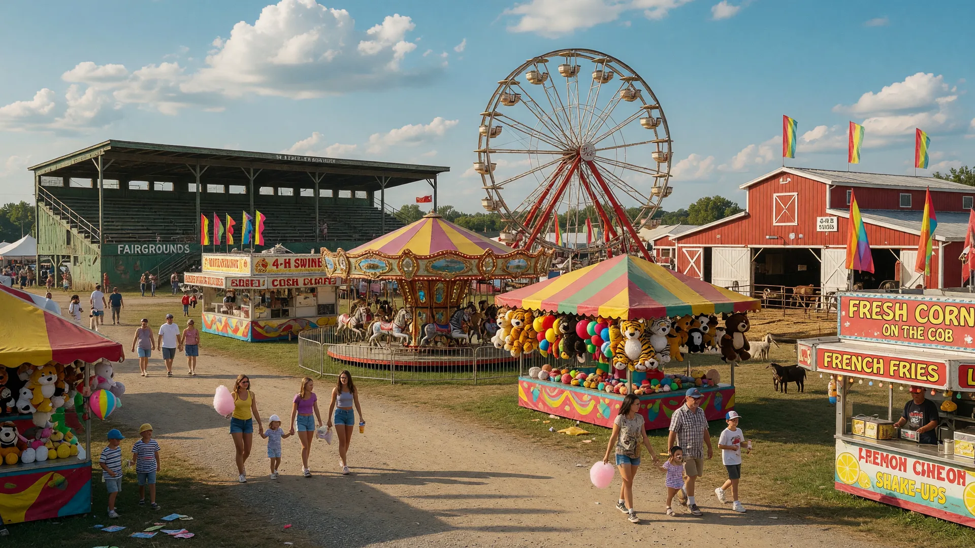 Classic Ohio county fair with carnival midway rides, a grandstand, livestock barns, and families enjoying a late-summer afternoon