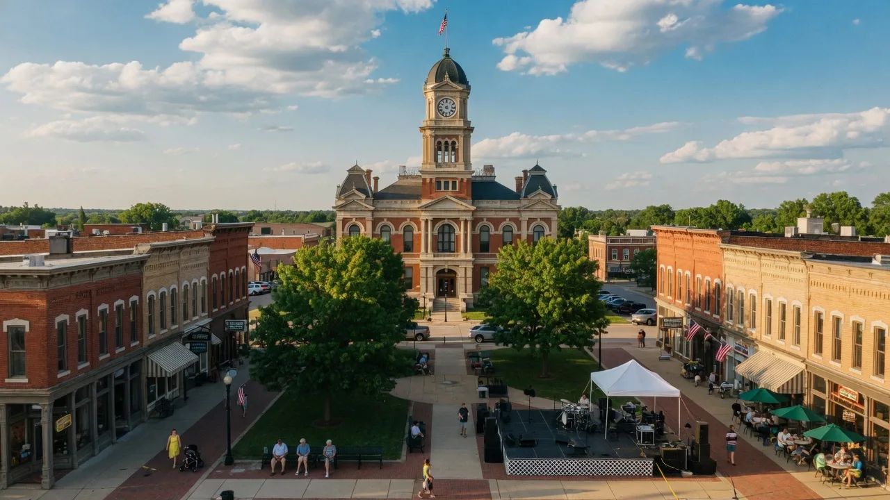 Noblesville's historic courthouse square with the Hamilton County courthouse clock tower, brick storefronts, and small-town character