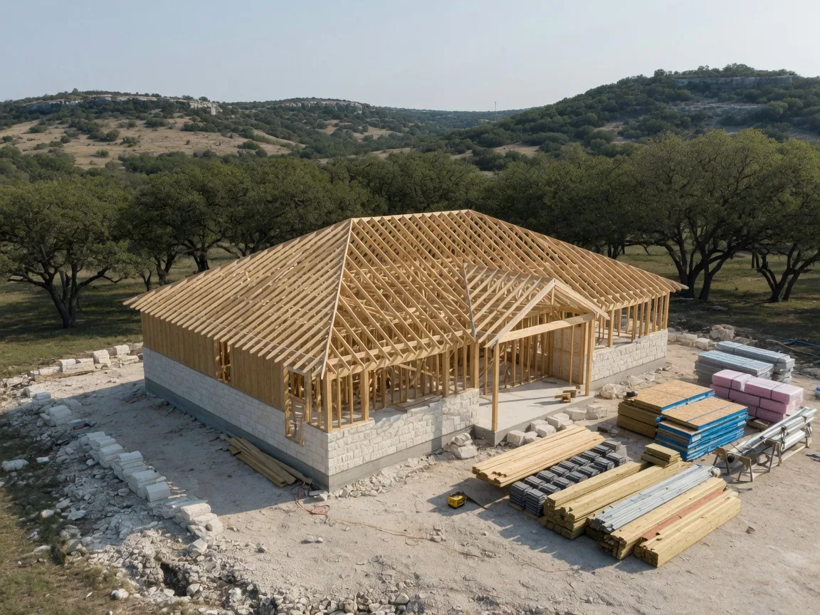 A new single-story Hill Country home under construction with wood framing and roof trusses over a limestone foundation, live oaks and rolling hills behind the site near Boerne
