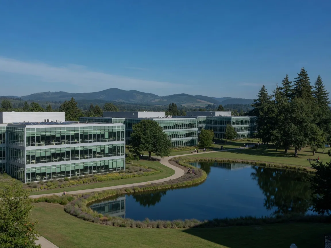 A modern glass and steel technology campus on landscaped grounds in Wilsonville