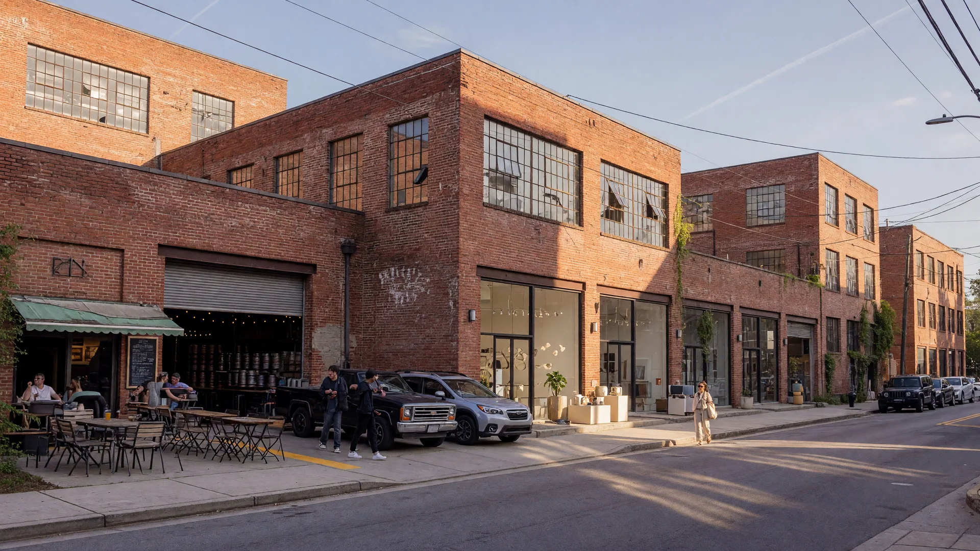 Converted brick warehouses and a brewery storefront on a West Midtown design-district street