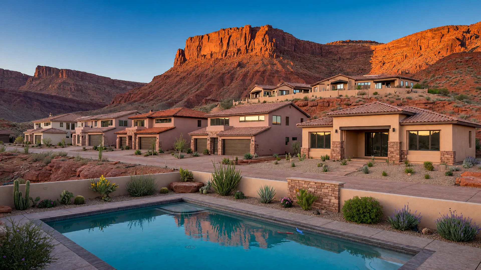 New construction desert modern homes in St. George, Utah — red rock terrain, desert landscaping, community pool with red cliff backdrop