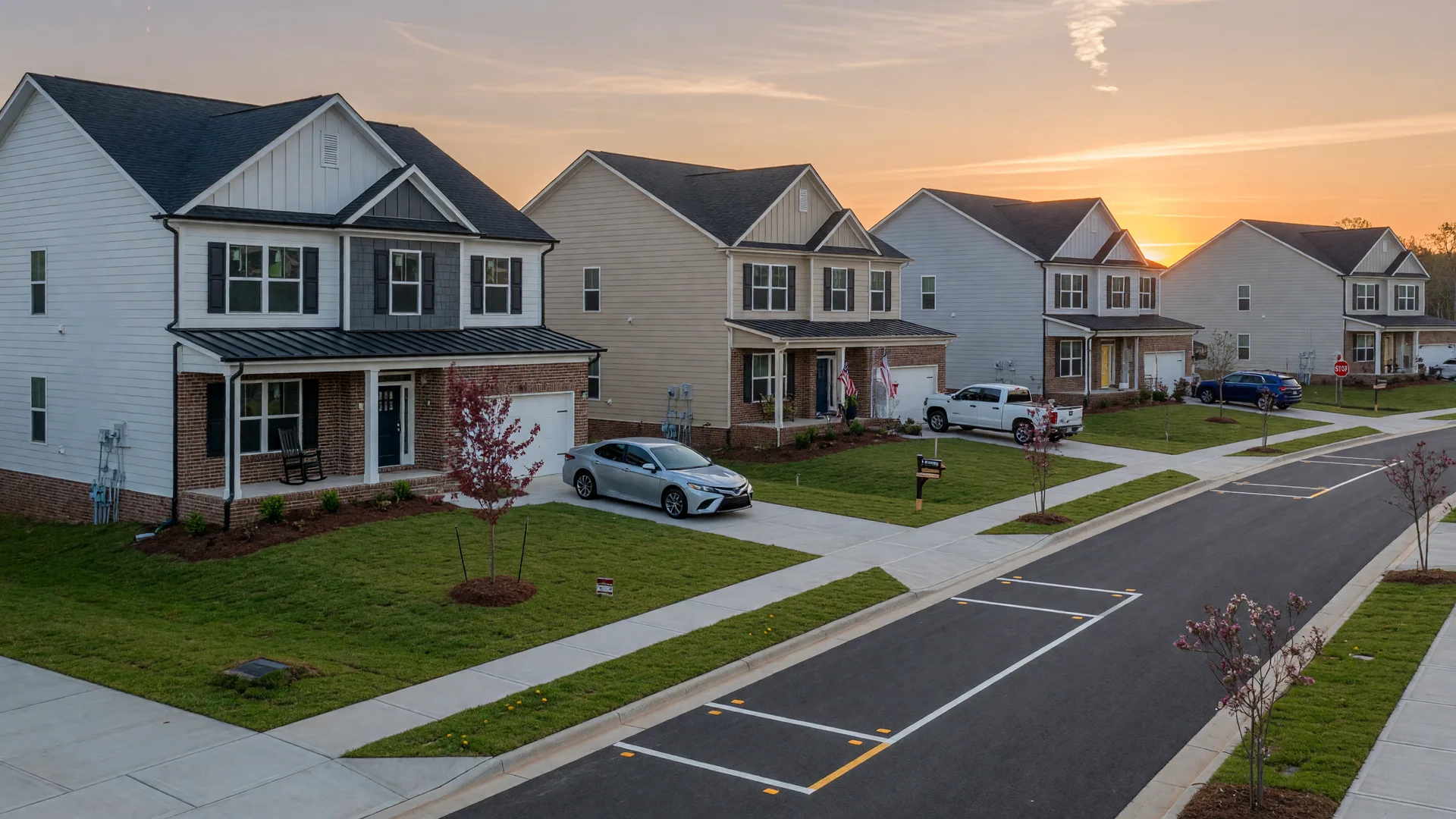 A row of brand-new single-family homes in a Metro Atlanta suburban community at golden hour