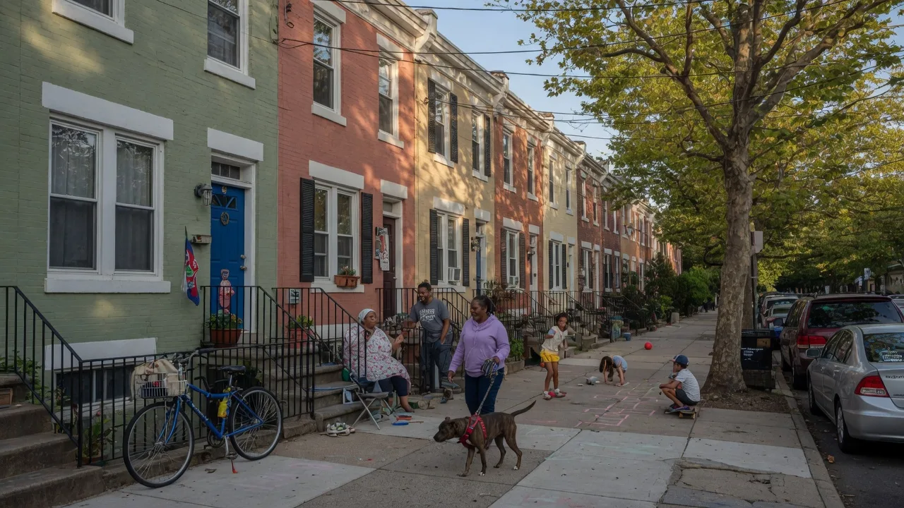 Daily life on a Point Breeze street with residents walking, neighbors chatting, and children playing
