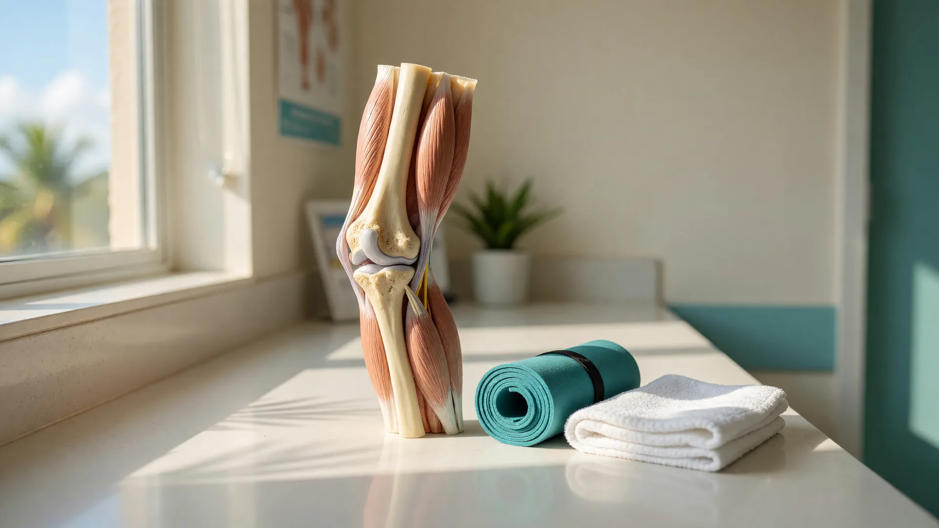 An anatomical model of an elbow and forearm on a white counter in a sunlit Honolulu consultation room beside a rolled resistance band
