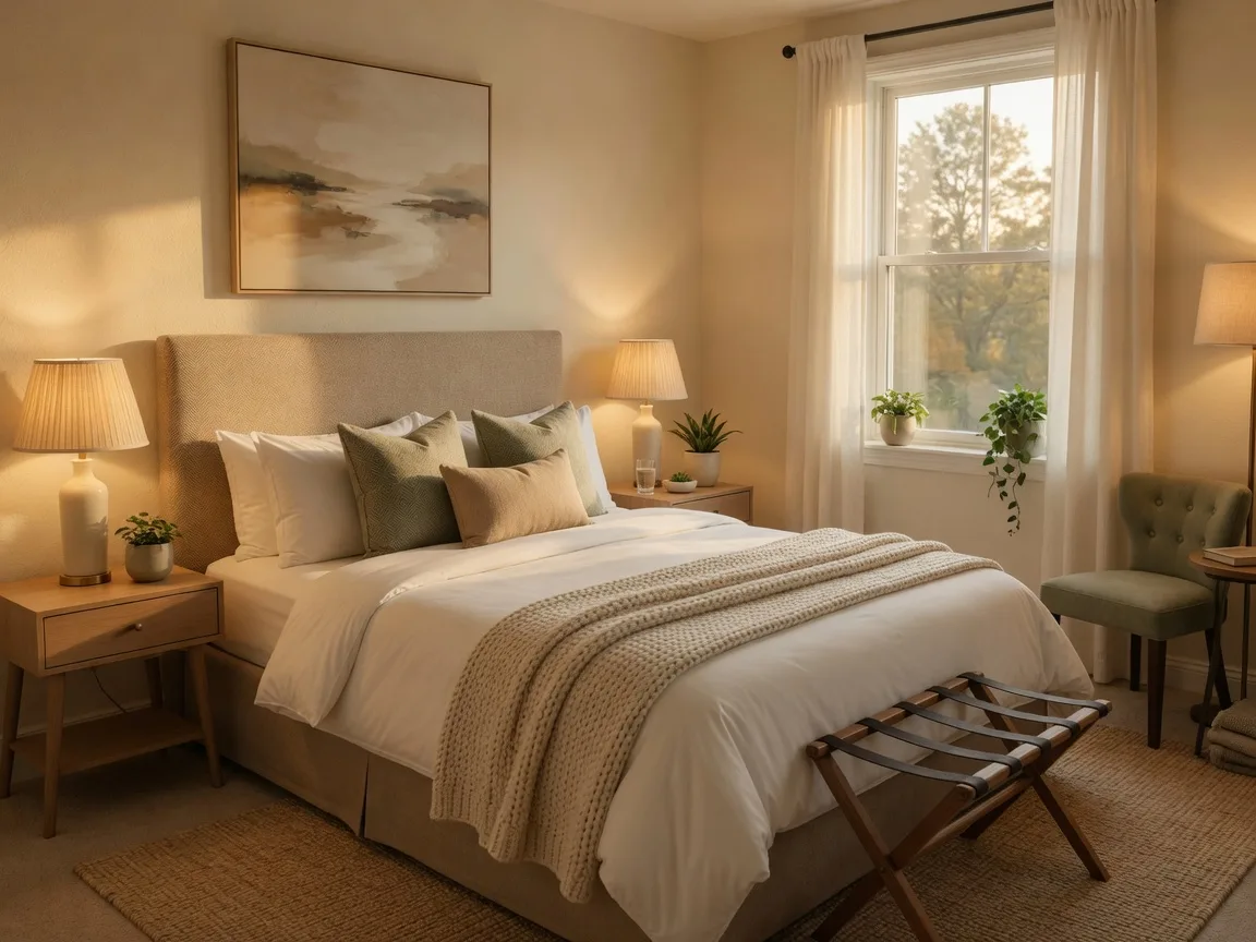 A furnished rental bedroom with crisp white linens, an upholstered headboard, and warm bedside lamps