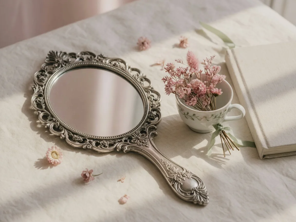 An antique hand mirror resting on cream linen beside dried blush flowers and a closed journal in soft window light