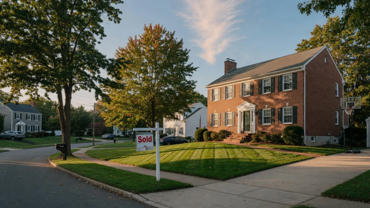 Suburban brick-front colonial home in the Lehigh Valley with a Sold sign in the front yard
