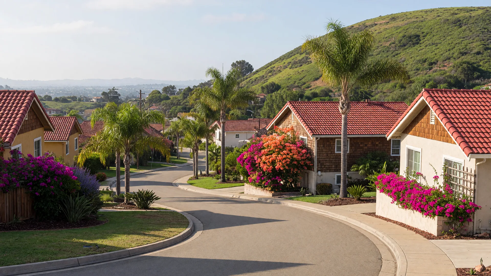 A sunny, family-friendly North County San Diego neighborhood street with single-family homes, palm trees, and a hillside in the distance under a bright blue sky