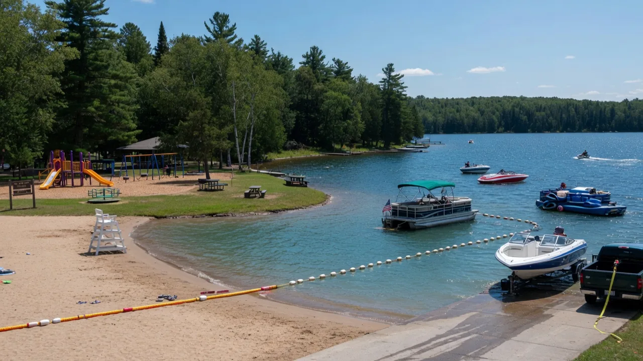 Sandy public swimming beach and boat ramp on a lively Minnesota lake