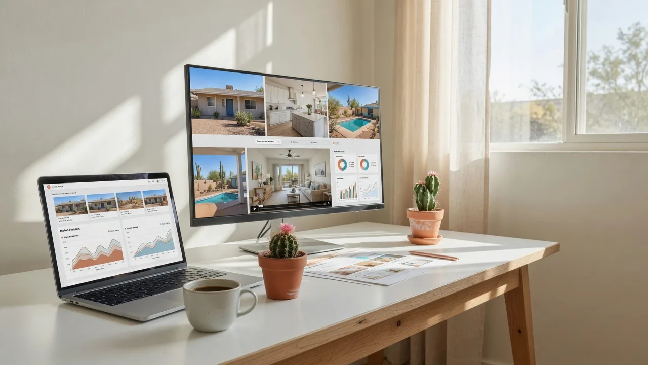 A bright sunlit home office desk in Arizona with a laptop and monitor showing real estate analytics, listing photos, and a video tour thumbnail