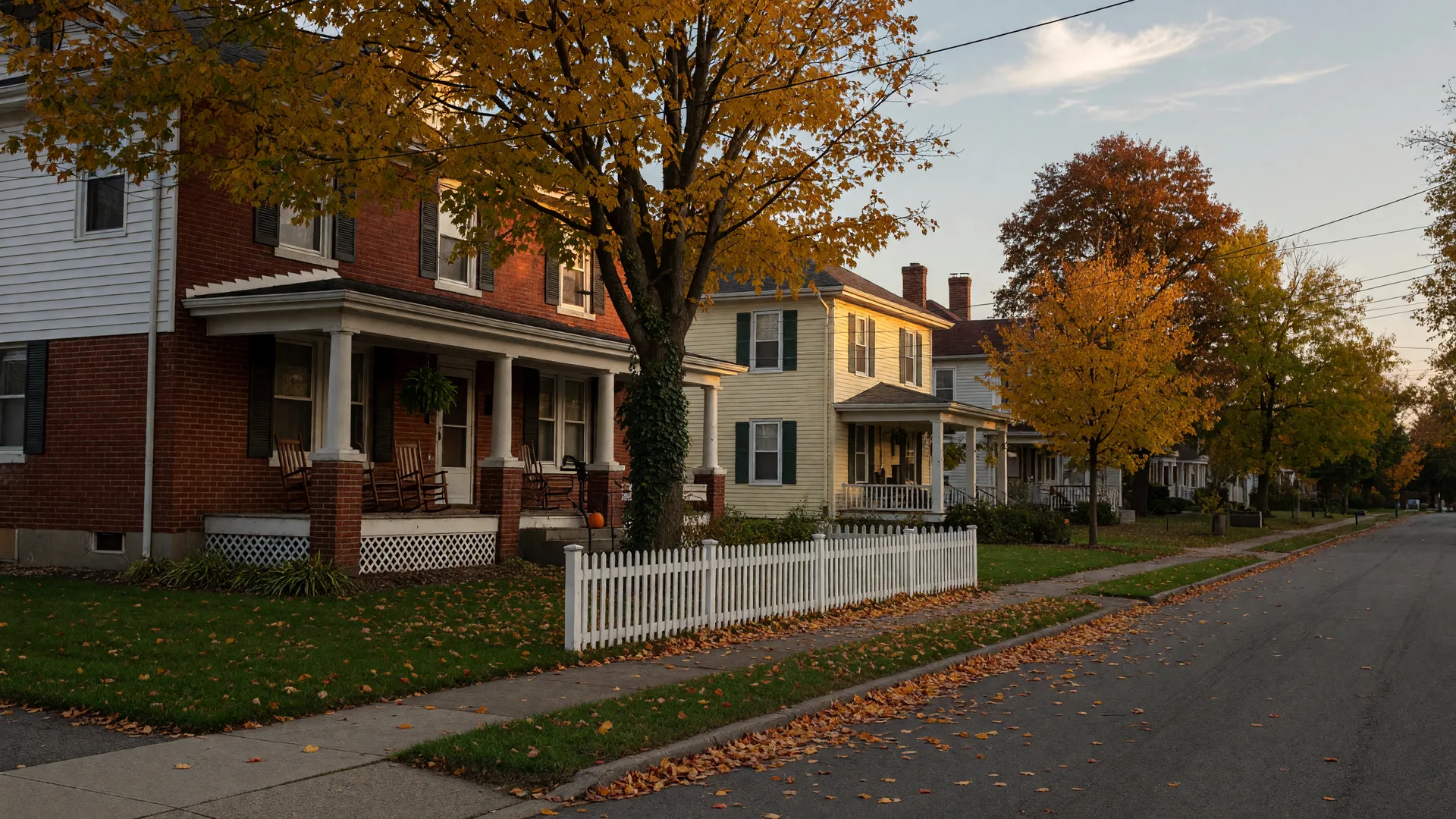 A classic brick and siding home on an autumn suburban street in Springfield, Ohio with gold and amber maple trees