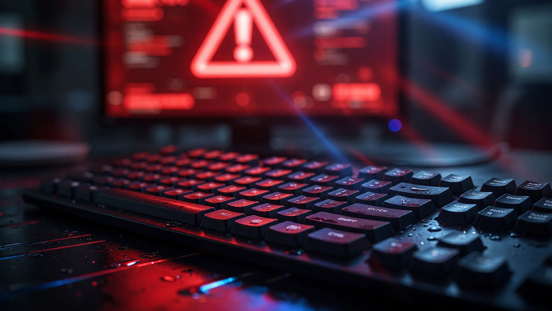 Computer keyboard lit by red and blue emergency light with a warning alert on screen