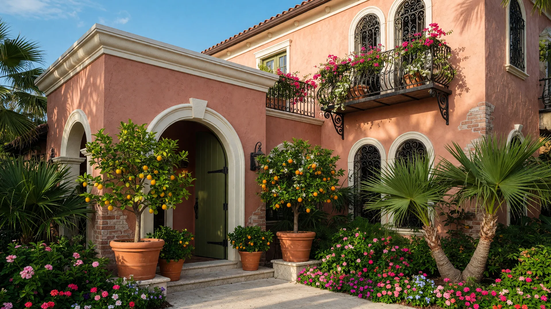 Mediterranean-style Italian restaurant exterior in Bonita Springs, Florida with terracotta architecture and tropical landscaping