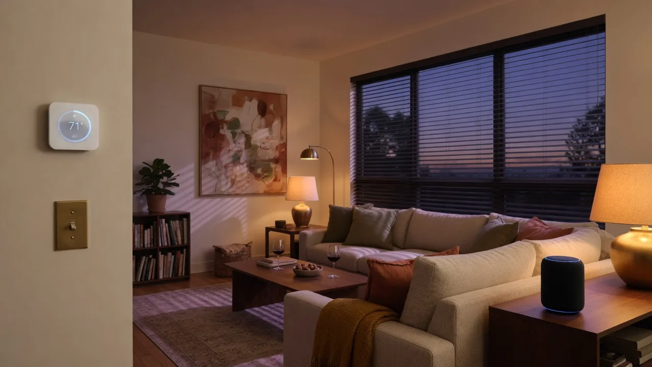 Modern living room at dusk with smart home technology